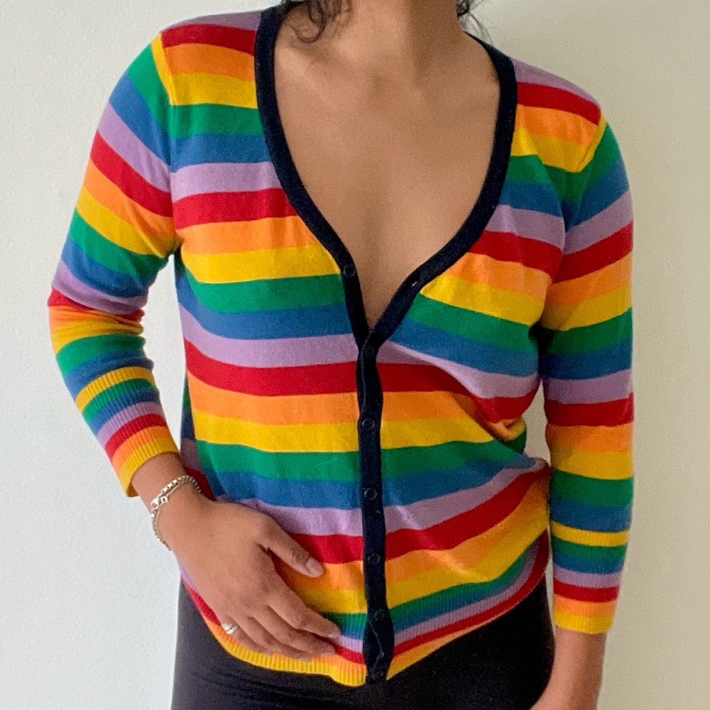 MAK sweater y2K PRIDE retro Rainbow Striped 3/4 length Cardigan